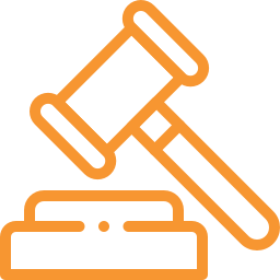 Gavel icon with stand, orange outline.