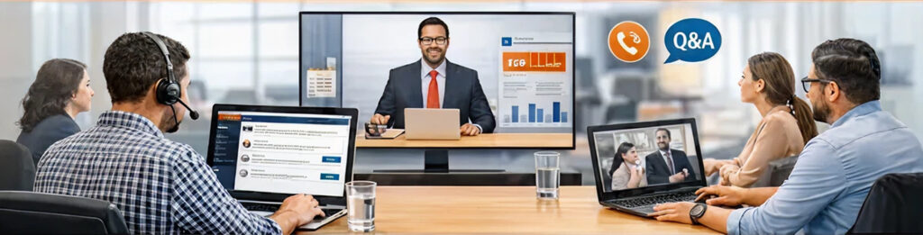 Video conference with multiple participants and screens.