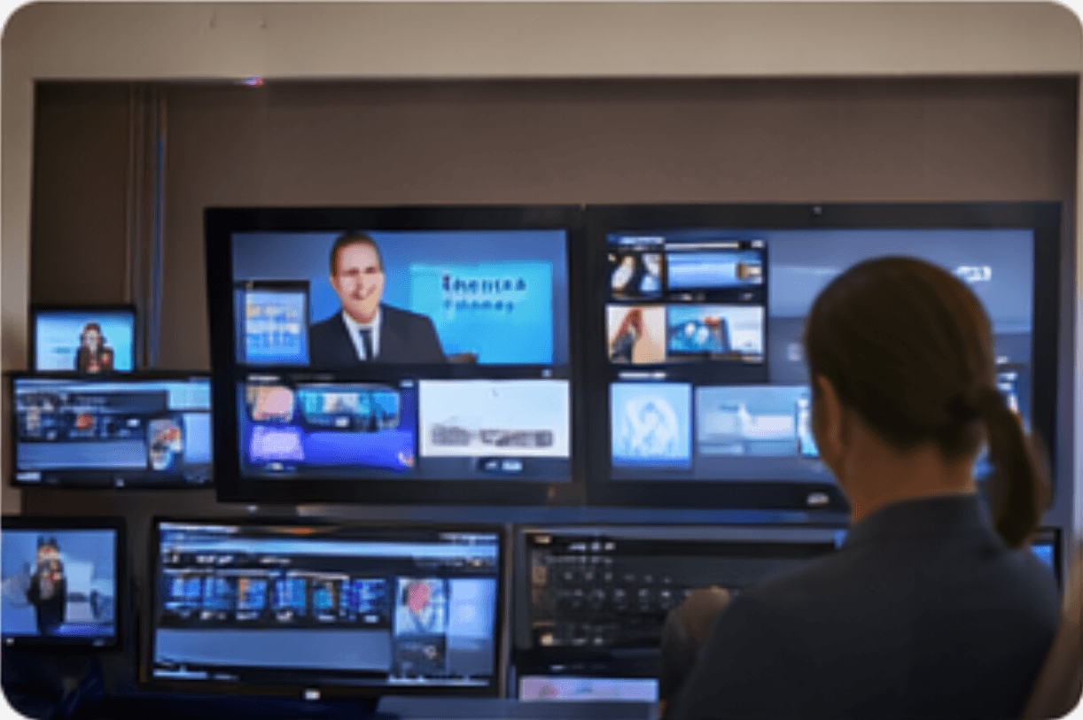 Broadcast control room technician monitoring news screens