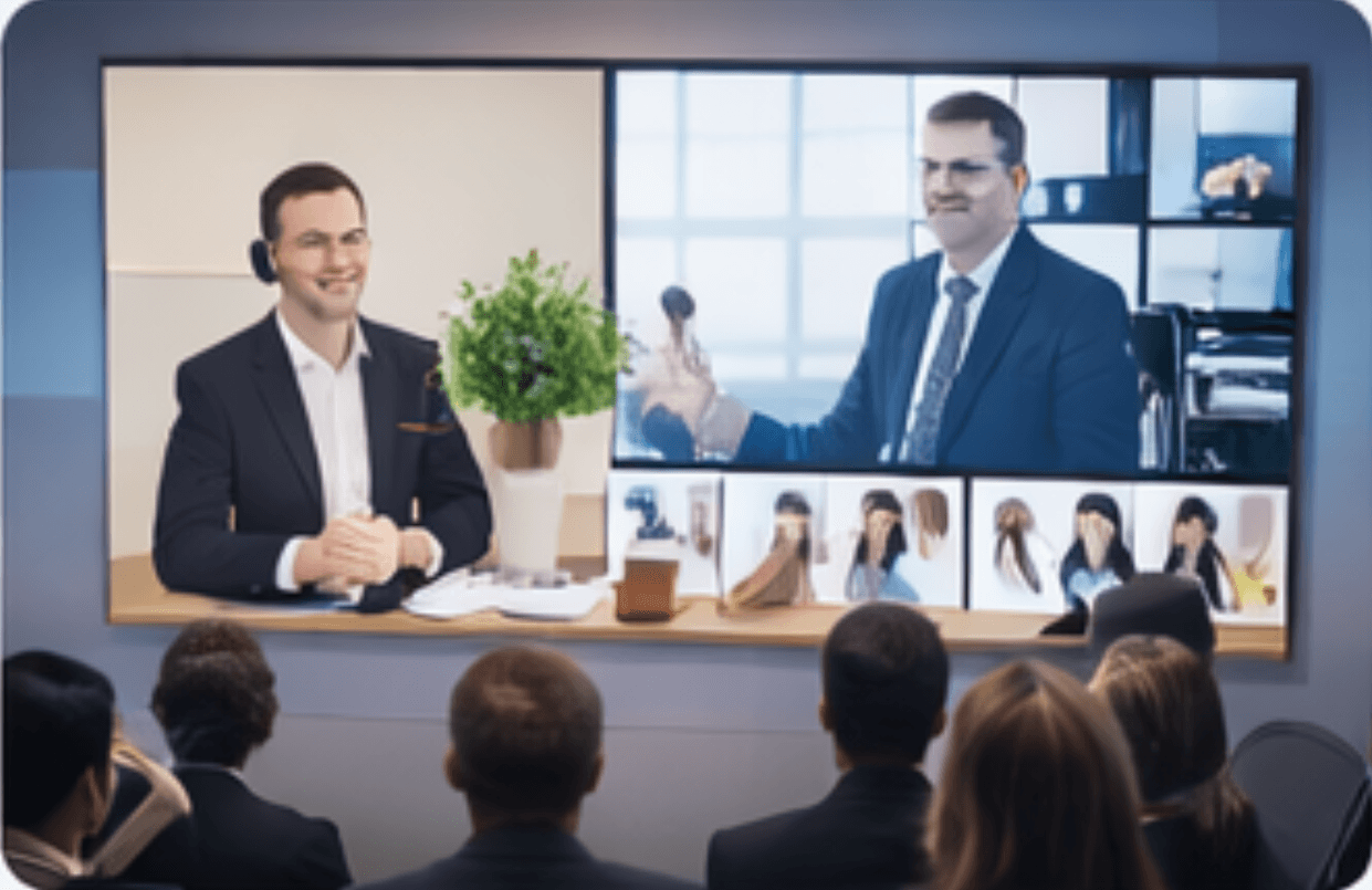 Audience watching virtual business presentation on screen